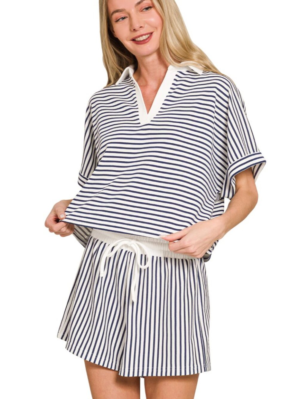 Striped collared top & shorts set